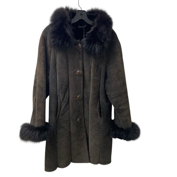Ming Zhu Best of Nature Brown Leather Suede Fur Trim Cuffs and Collar Coat XL - Picture 1 of 9